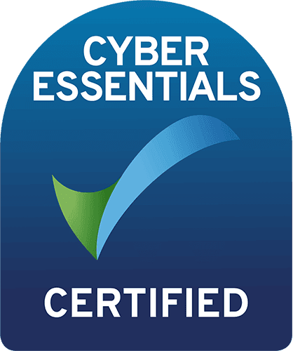 Cyber Essentials Certified badge with a blue and green checkmark on a dark blue background.