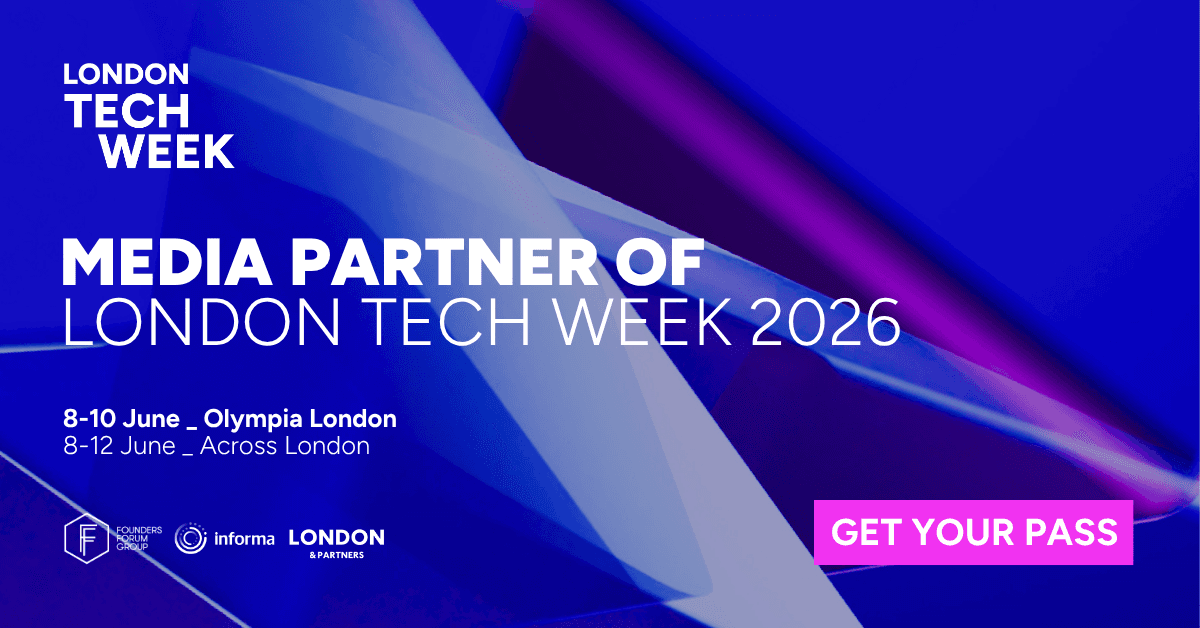 Promotional banner for London Tech Week 2026, featuring event dates and locations, with a call to "Get Your Pass" on a bright blue abstract background.